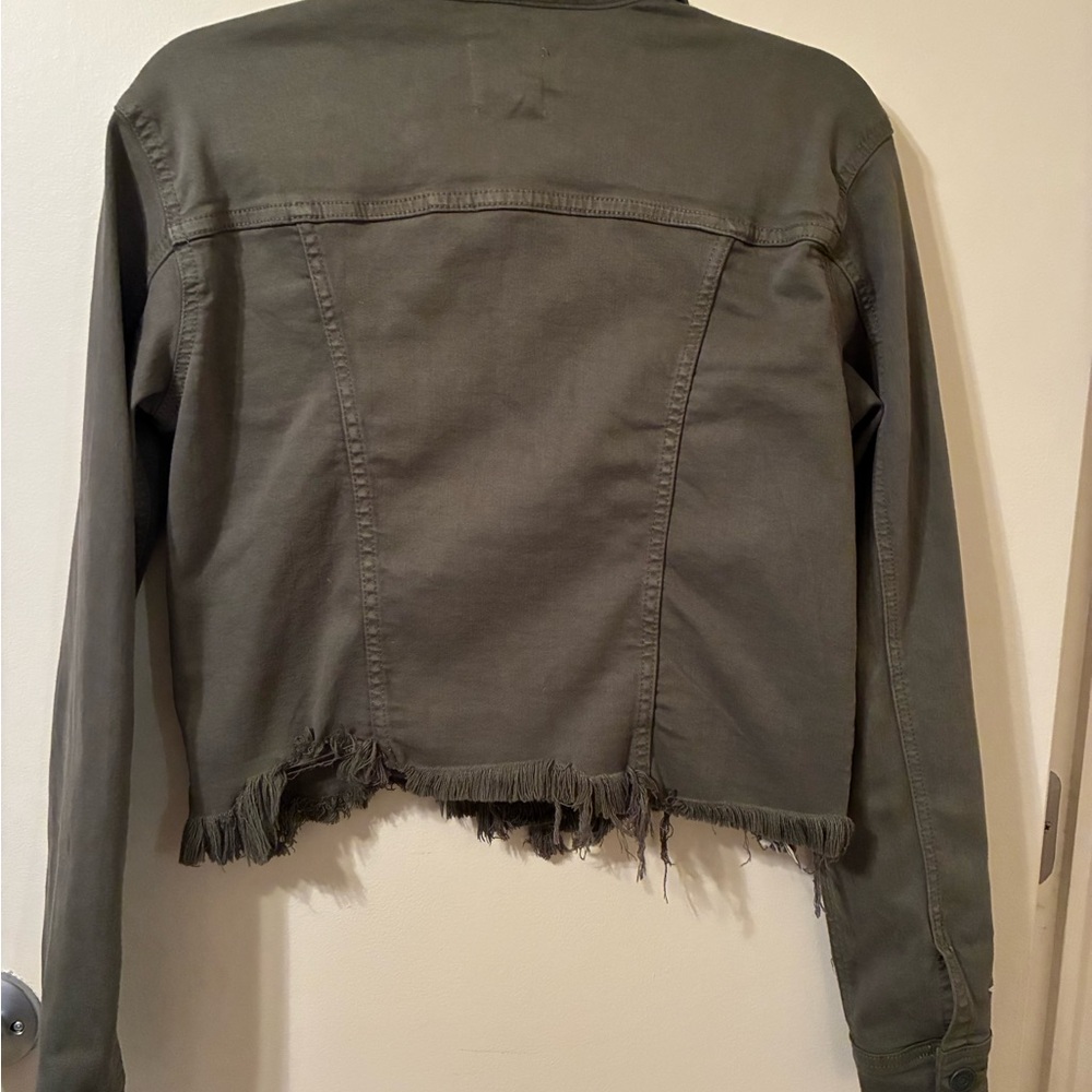 Hidden Cropped Denim Jacket Frayed Hem Olive Army Green Military EUC Small - Picture 3 of 10